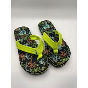 Reef Kids Ahi Palm‎ Tree Flip Flops Neon Green & Multi Sz 2 Youth Sandals